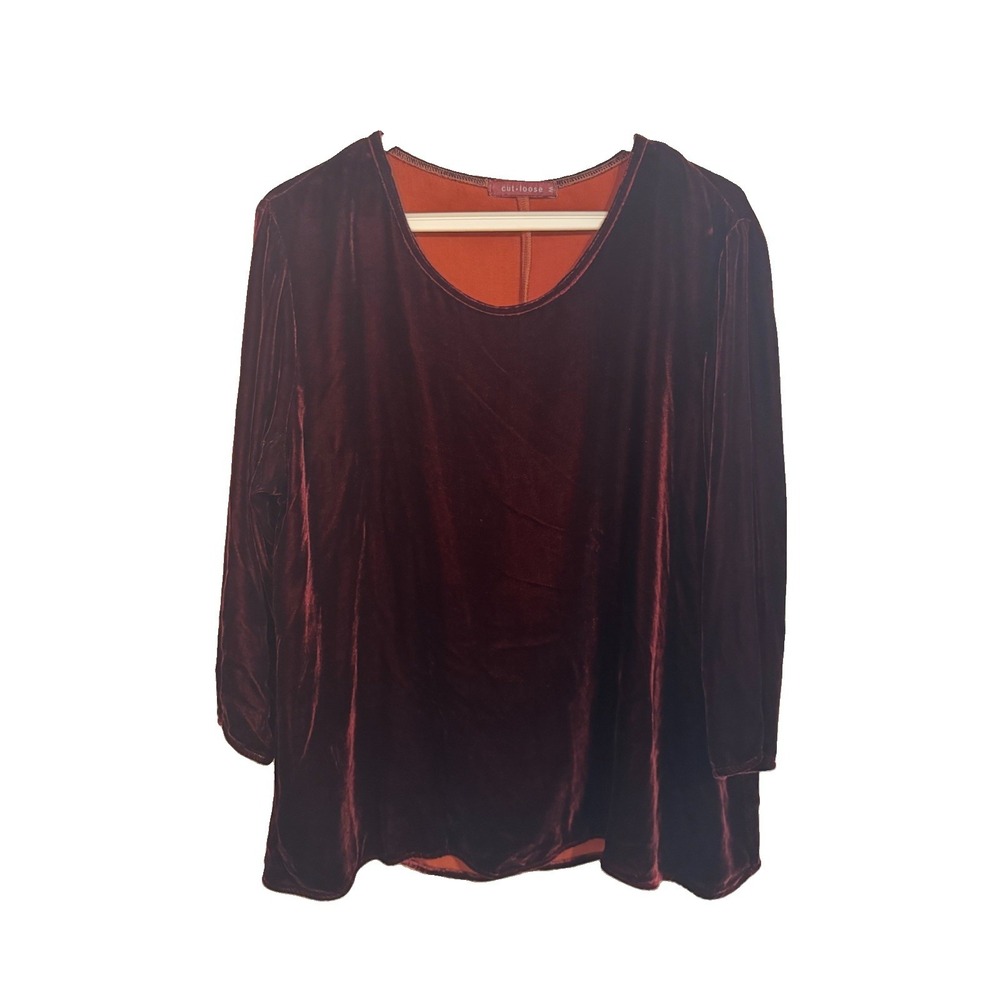 Cut Loose Sz M Burgundy Velvet Top Rayon Silk High Low Hem 3/4 Sleeve Boho